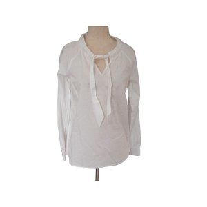 Talbots Womens Blouse Top SP Petite White Ruffle Tie Long Sleeve